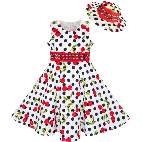 Girls Dress Hat White Black Dot Cherry Dancing Party Size 4-12 Years