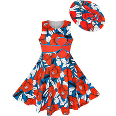 Girls Dress Hat Red Flower Summer Beach Party Size 4-12 Years