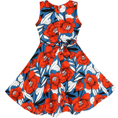 Girls Dress Hat Red Flower Summer Beach Party Size 4-12 Years