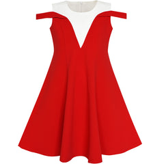 Girls Dress Red White Cold Shoulder Color Contrast Holiday Size 5-12 Years
