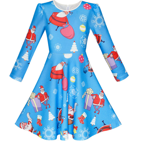 Girls Dress Blue Santa Jingle Bell Christmas Tree Long Sleeve Size 5-12 Years