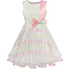 Girls Dress Bow Tie Green Pink Color Contrast Size 4-12 Years