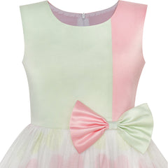 Girls Dress Bow Tie Green Pink Color Contrast Size 4-12 Years
