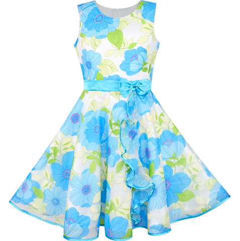 Girls Dress Blue Flower Bow Tie Tulle Party Princess Size 4-12 Years