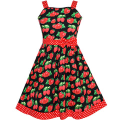 Girls Dress Red Strawberry Bow Tie Dot Summer Size 4-12 Years