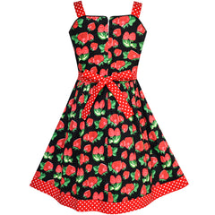 Girls Dress Red Strawberry Bow Tie Dot Summer Size 4-12 Years