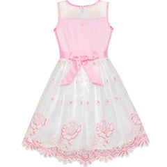 Girls Dress Pink Flower Embroidered Lace Illusion Yoke Princess Size 5-12 Years