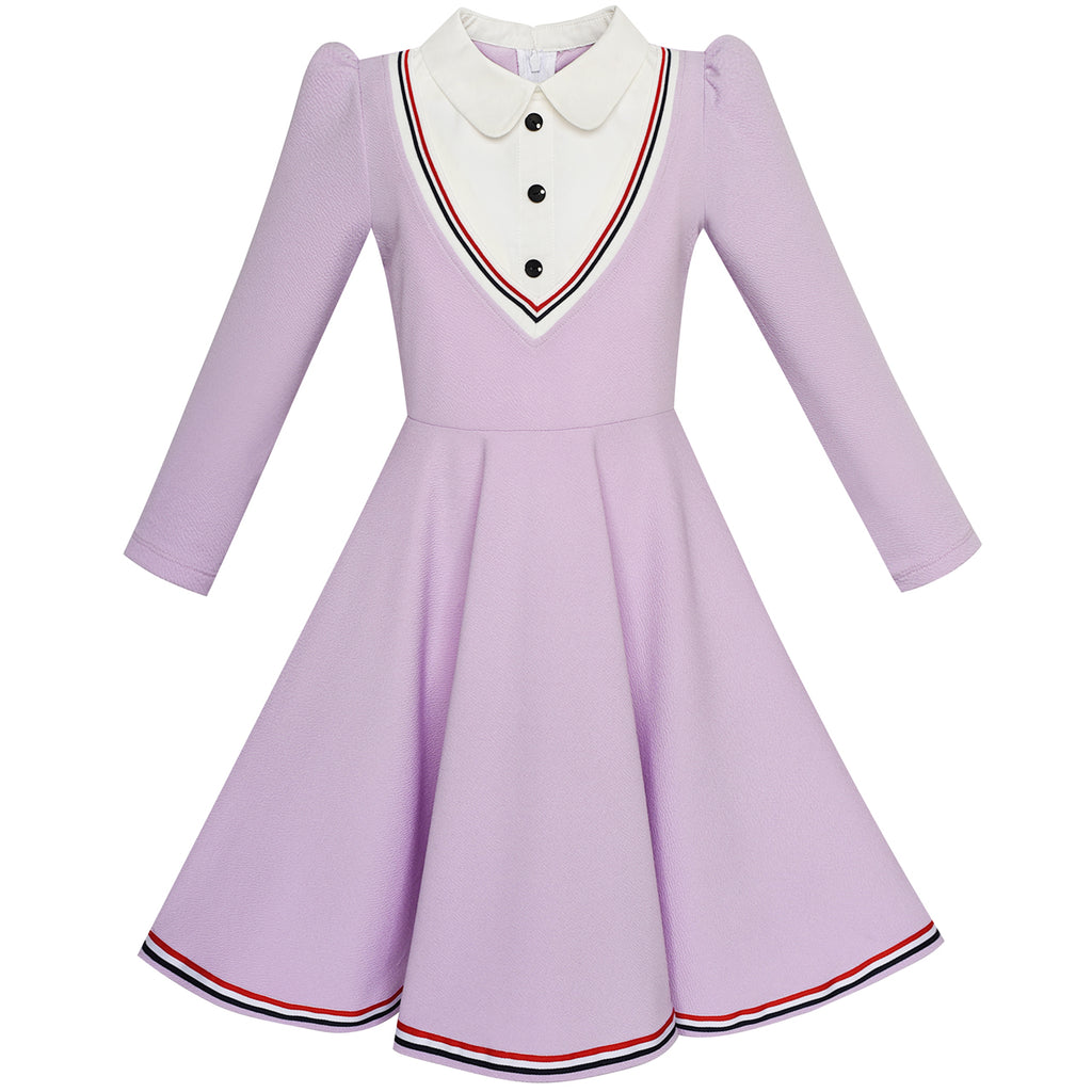Girls Dress School White Collar Purple Long Sleeve Striped Size 4-12 Years