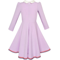 Girls Dress School White Collar Purple Long Sleeve Striped Size 4-12 Years