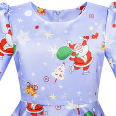 Girls Dress Blue Christmas Santa Xmas Tree Year Size 5-12 Years