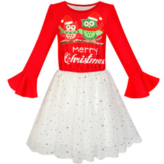 Girls Dress Long Sleeve Christmas Owl Sparkling Sequin Tulle Size 5-12 Years