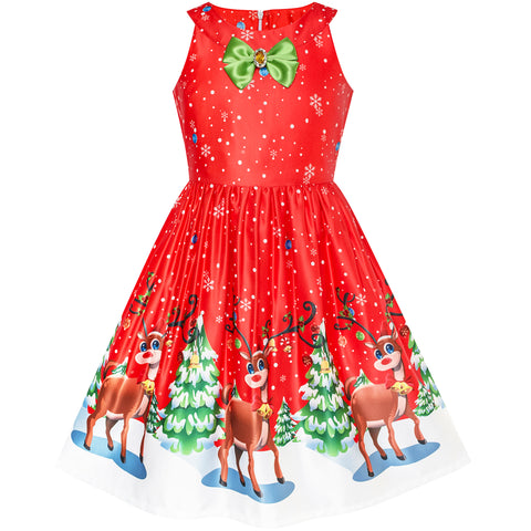 Girls Dress Red Christmas Reindeer Snow Xmas Tree Party Size 7-14 Years