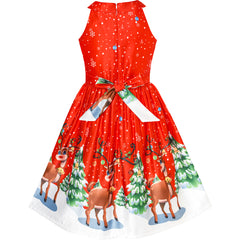 Girls Dress Red Christmas Reindeer Snow Xmas Tree Party Size 7-14 Years