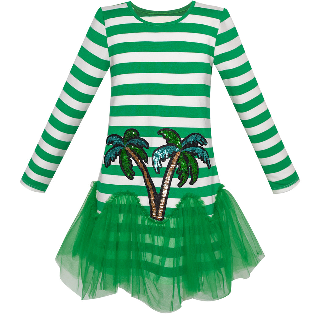 Girls Dress Green Coconut Tree Stripe Drop Waist Tutu Size 5-12 Years