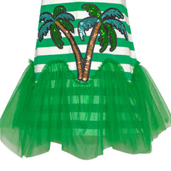Girls Dress Green Coconut Tree Stripe Drop Waist Tutu Size 5-12 Years