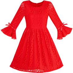 Girls Dress Red Lotus Sleeve Lace Princess Party Dress Size 5-12 Years