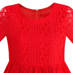 Girls Dress Red Lotus Sleeve Lace Princess Party Dress Size 5-12 Years