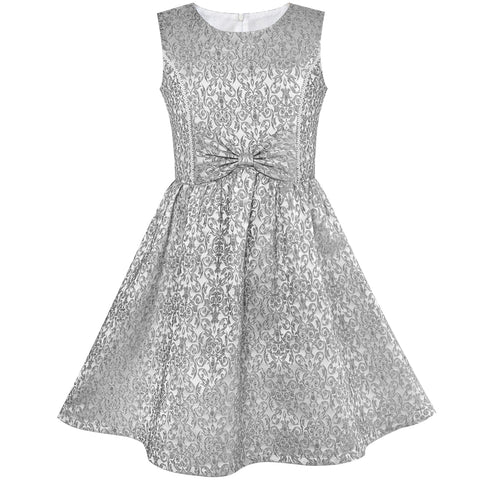 Girls Dress Gray Bow Tie Jacquard Fit And Flare Princess Size 5-12 Years