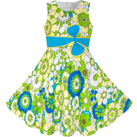 Girls Dress Sunhat Green Bow Tie Summer Size 4-12 Years