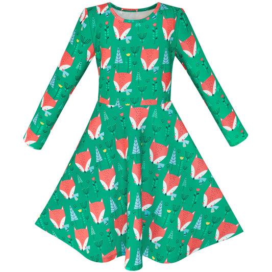 Girls Dress Forest Fox Long Sleeve Size 3-12 Years