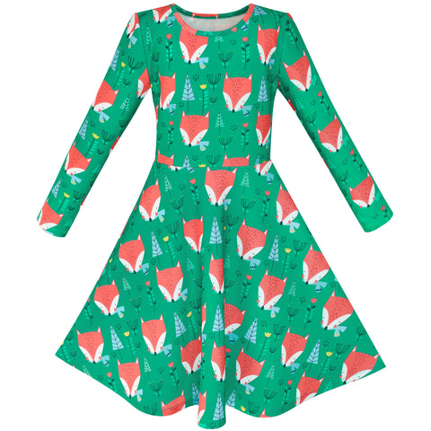 Girls Dress Green Forest Red Fox Long Sleeve Size 4-10 Years