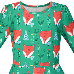 Girls Dress Green Forest Red Fox Long Sleeve Size 4-10 Years