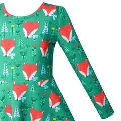 Girls Dress Green Forest Red Fox Long Sleeve Size 4-10 Years