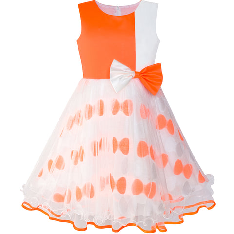 Girls Dress Bow Tie Orange White Color Contrast Size 4-12 Years