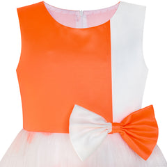 Girls Dress Bow Tie Orange White Color Contrast Size 4-12 Years