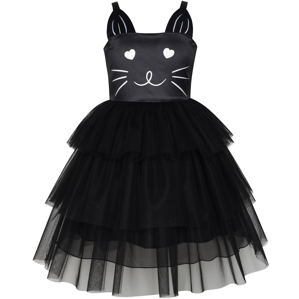 Girls Dress Cat Face Black Tower Ruffle Dancing Party Size 4-10 Years