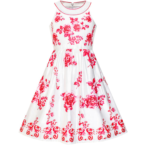 Girls Dress Red Flower Halter Flare Dress Princess Size 5-14 Years