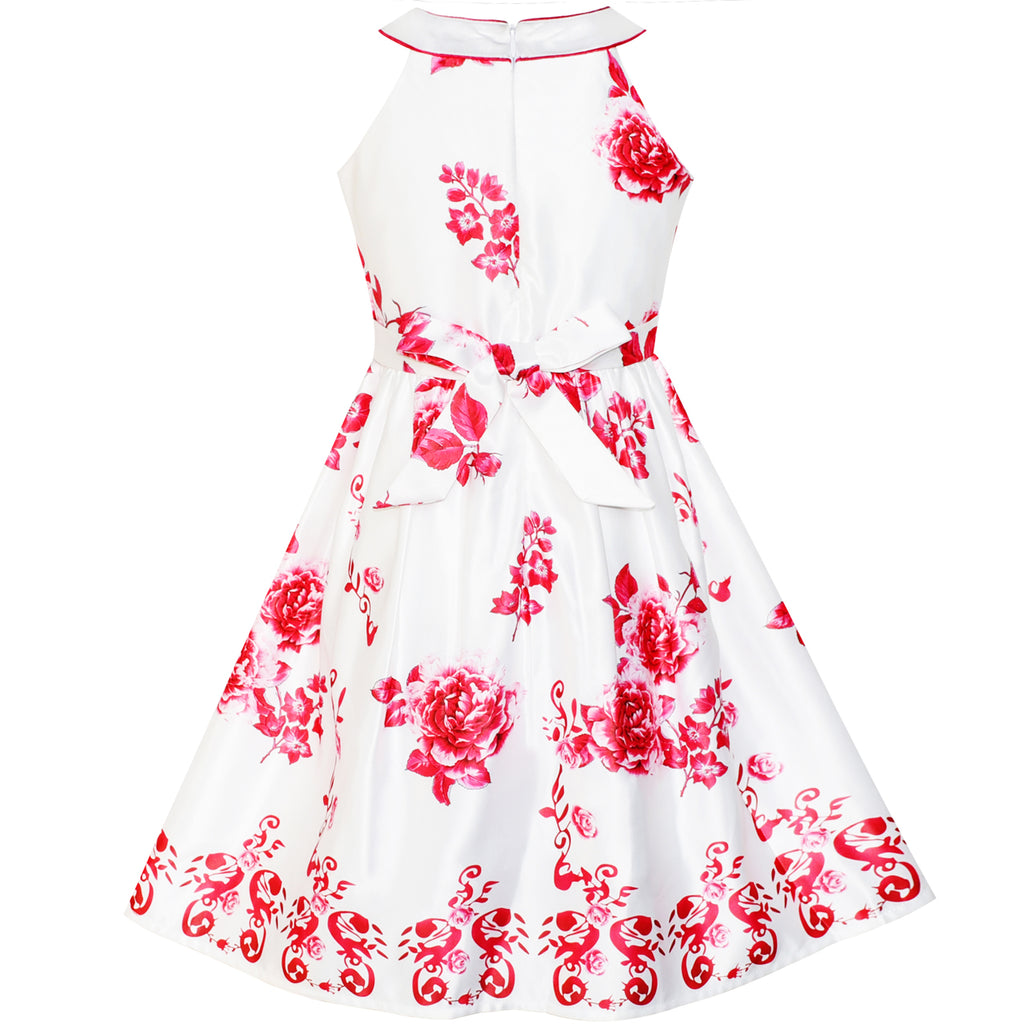 Girls Dress Red Flower Halter Flare Dress Princess – Sunny Fashion