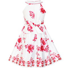 Girls Dress Red Flower Halter Flare Dress Princess Size 5-14 Years