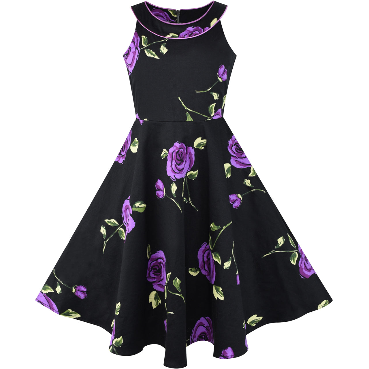 Girls Dress Black And Purple Flower Halter Dress Size 7-14 Years