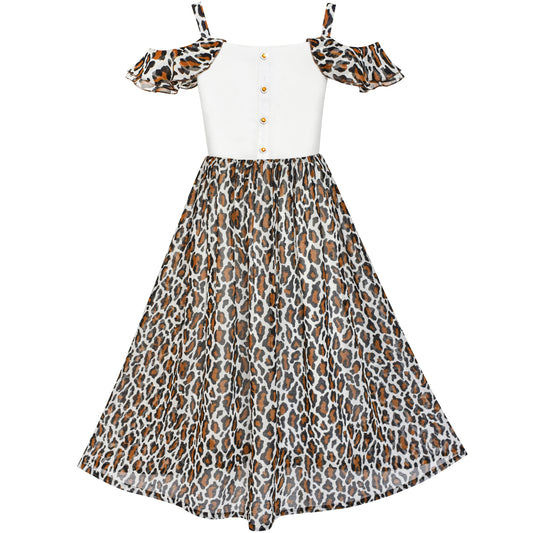 Girls Dress Chiffon Leopard Print Cold Shoulder Maxi Dress Size 5-14 Years
