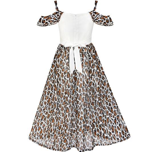 Girls Dress Chiffon Leopard Print Cold Shoulder Maxi Dress Size 5-14 Years