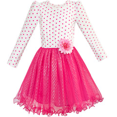 Girls Dress Rose Pink Long Sleeve Dot Flower Tutu Dress Size 5-12 Years