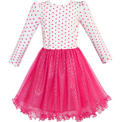 Girls Dress Rose Pink Long Sleeve Dot Flower Tutu Dress Size 5-12 Years