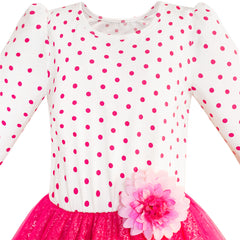 Girls Dress Rose Pink Long Sleeve Dot Flower Tutu Dress Size 5-12 Years