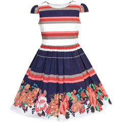 Girls Dress Stripe Flower Cap Sleeve Cotton Dress Size 2-8 Years