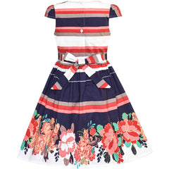 Girls Dress Stripe Flower Cap Sleeve Cotton Dress Size 2-8 Years