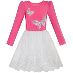 Girls Dress Rose Pink Long Sleeve Butterfly Lace Tutu Size 5-12 Years