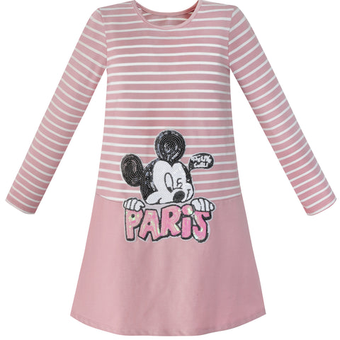 Girls Dress Stripe Cartoon Embroidery Long Sleeve Cotton Dress Size 4-10 Years