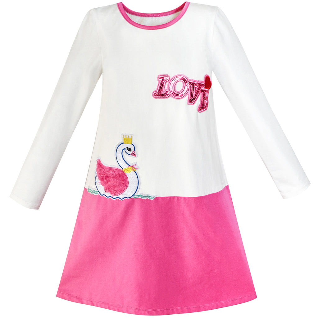 Girls Dress Duck Embroidery Long Sleeve Color Contrast Cotton Size 5-10 Years
