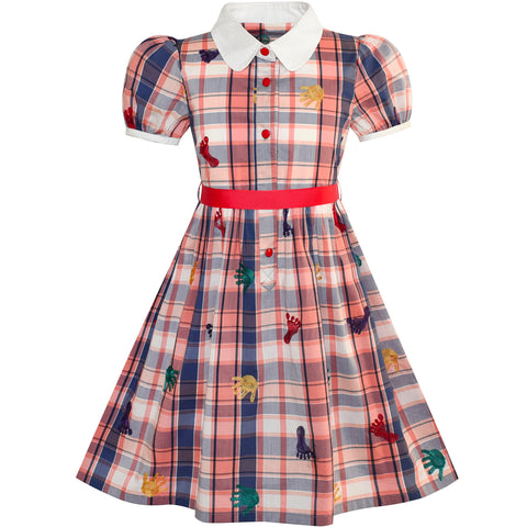 Girls Dress School Foot Hand Print Embroidery Gingham Size 4-10 Years