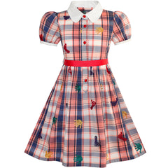 Girls Dress School Foot Hand Print Embroidery Gingham Size 4-10 Years