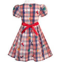 Girls Dress School Foot Hand Print Embroidery Gingham Size 4-10 Years