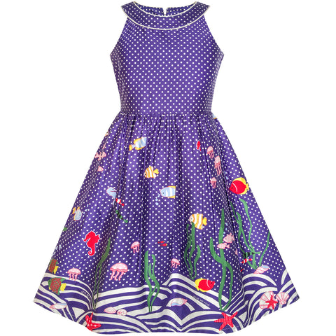 Girls Dress Navy Blue Dot Sea Fish Ocean Beach Halter Dress Size 5-14 Years