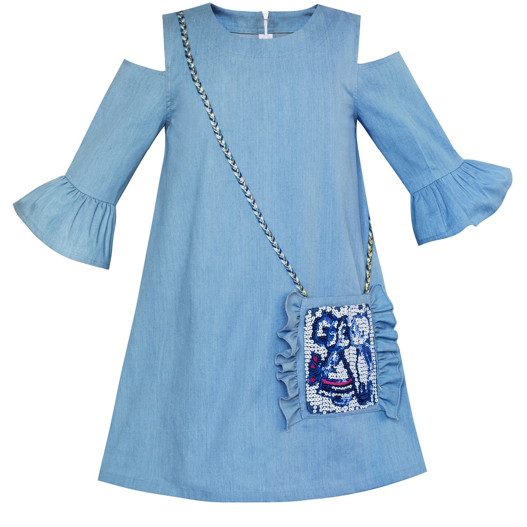 Girls Cold Shoulder Dress Denim Blue Cowboy 3/4 Sleeve Size 6-12 Years