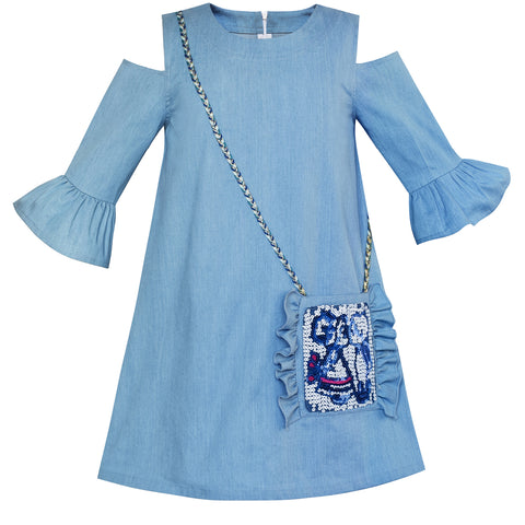 Girls Cold Shoulder Dress Denim Cowboy 3/4 Sleeve Size 2-12 Years